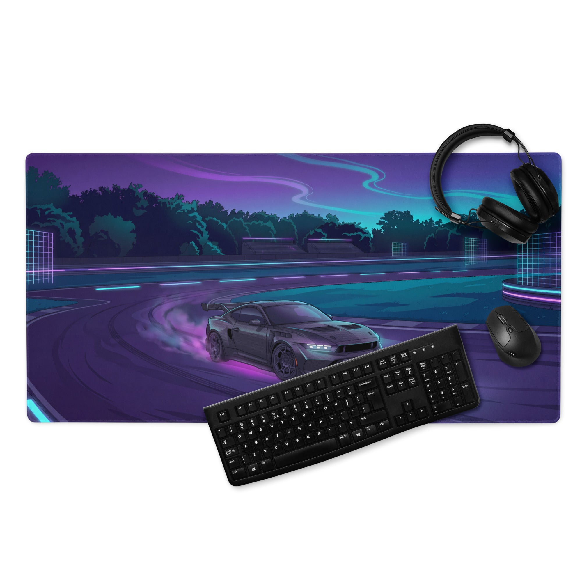 Ford Mustang GTD Inspired Black Vaporwave Gaming Mouse Pad – Neon Purple Drift Track Desk Mat with Cyan Night Racing and Retro Futuristic Art