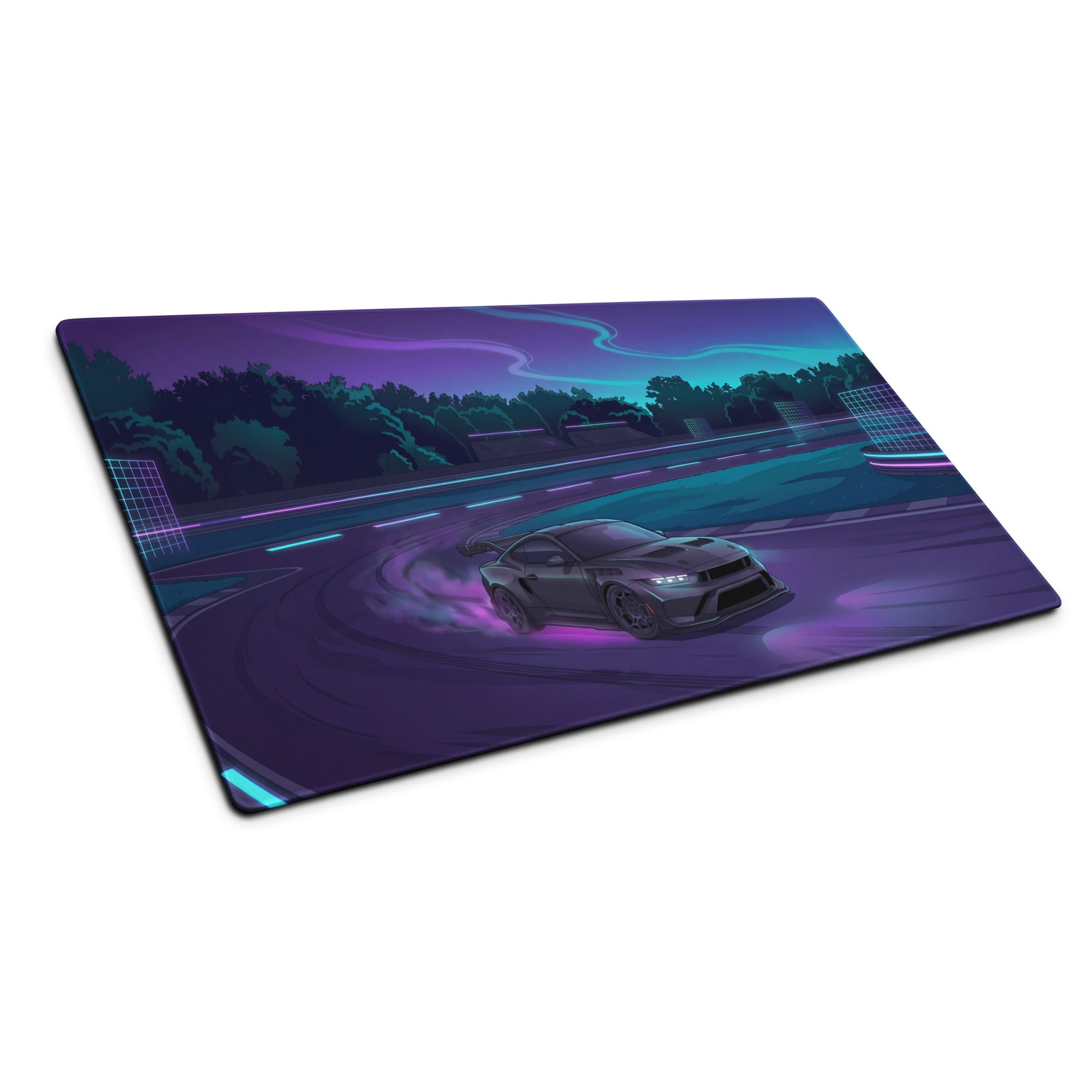 Ford Mustang GTD Inspired Black Vaporwave Gaming Mouse Pad – Neon Purple Drift Track Desk Mat with Cyan Night Racing and Retro Futuristic Art