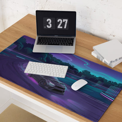 Ford Mustang GTD Inspired Black Vaporwave Gaming Mouse Pad – Neon Purple Drift Track Desk Mat with Cyan Night Racing and Retro Futuristic Art