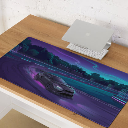 Ford Mustang GTD Inspired Black Vaporwave Gaming Mouse Pad – Neon Purple Drift Track Desk Mat with Cyan Night Racing and Retro Futuristic Art