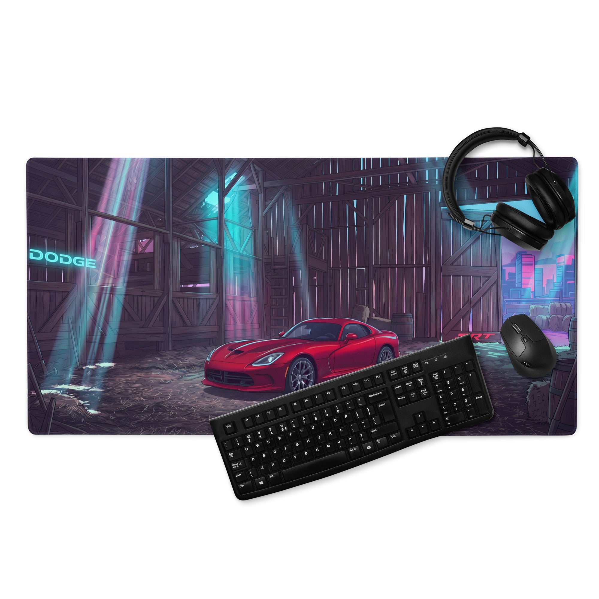 Dodge Viper SRT Inspired Red Vaporwave Gaming Mouse Pad – Neon Blue Rustic Barn Desk Mat with Retro Futuristic City Glow and Automotive Art