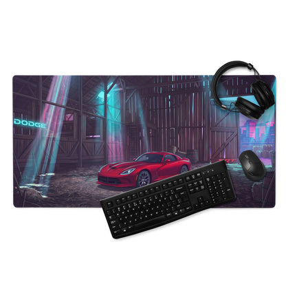 Dodge Viper SRT Inspired Red Vaporwave Gaming Mouse Pad – Neon Blue Rustic Barn Desk Mat with Retro Futuristic City Glow and Automotive Art