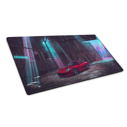Dodge Viper SRT Inspired Red Vaporwave Gaming Mouse Pad – Neon Blue Rustic Barn Desk Mat with Retro Futuristic City Glow and Automotive Art
