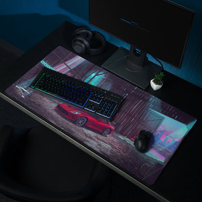 Dodge Viper SRT Inspired Red Vaporwave Gaming Mouse Pad – Neon Blue Rustic Barn Desk Mat with Retro Futuristic City Glow and Automotive Art
