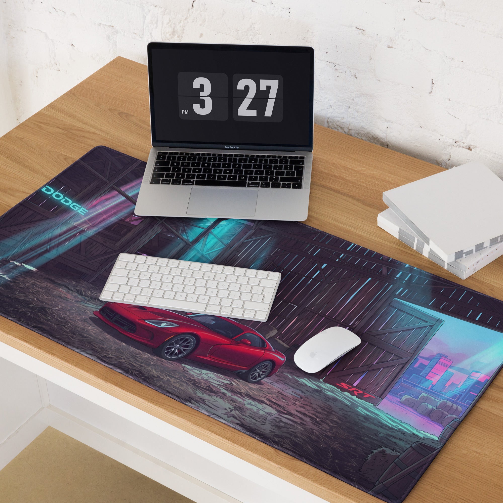 Dodge Viper SRT Inspired Red Vaporwave Gaming Mouse Pad – Neon Blue Rustic Barn Desk Mat with Retro Futuristic City Glow and Automotive Art