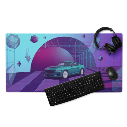 Ford Mustang GT Inspired Teal Vaporwave Gaming Mouse Pad – Purple Neon Geometric Desk Mat with Floating Crystals and Retro Futuristic Grid Art