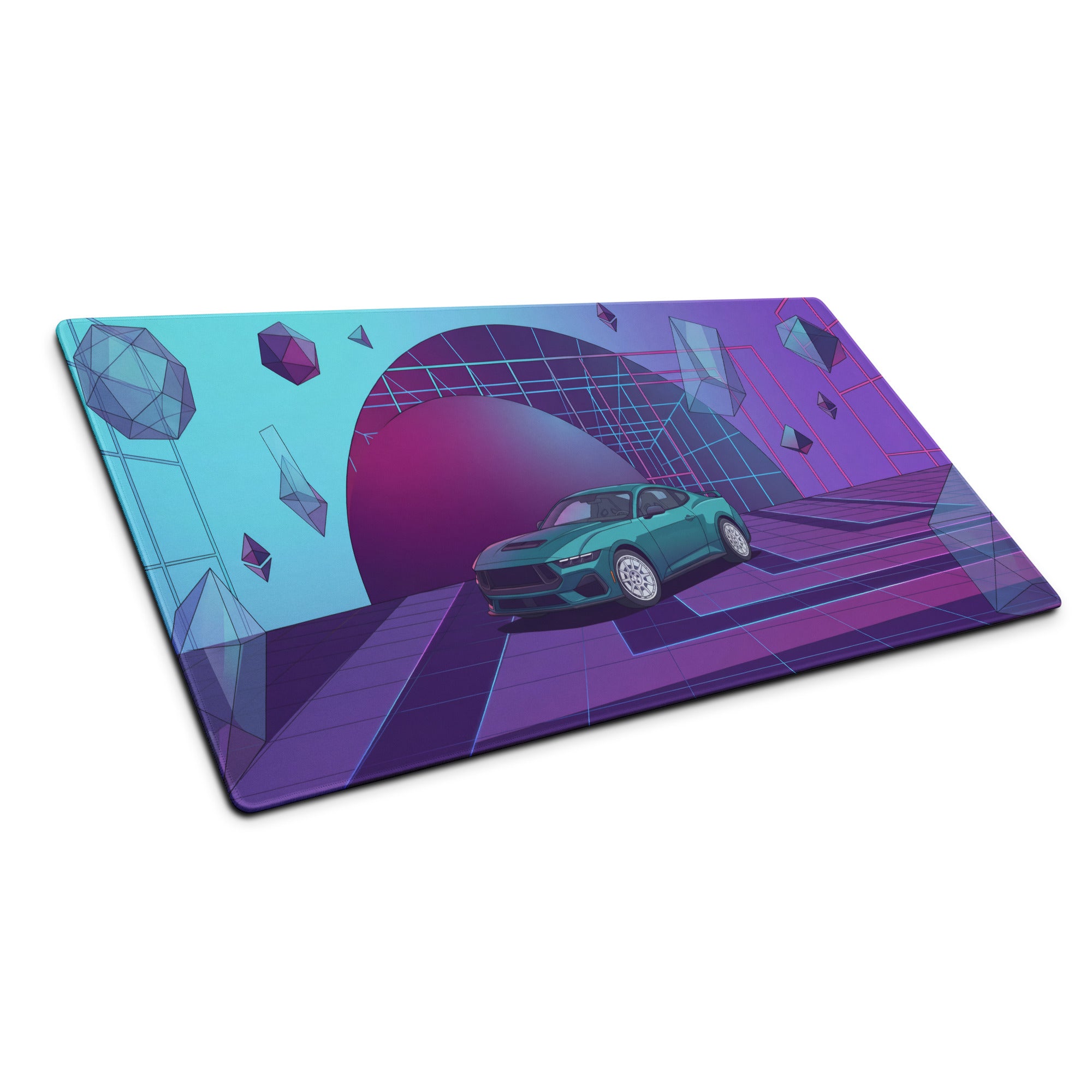 Ford Mustang GT Inspired Teal Vaporwave Gaming Mouse Pad – Purple Neon Geometric Desk Mat with Floating Crystals and Retro Futuristic Grid Art