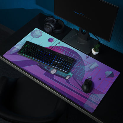 Ford Mustang GT Inspired Teal Vaporwave Gaming Mouse Pad – Purple Neon Geometric Desk Mat with Floating Crystals and Retro Futuristic Grid Art