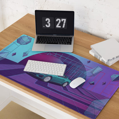 Ford Mustang GT Inspired Teal Vaporwave Gaming Mouse Pad – Purple Neon Geometric Desk Mat with Floating Crystals and Retro Futuristic Grid Art