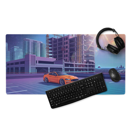 Ford Mustang GT Inspired Orange Vaporwave Gaming Mouse Pad – Blue Purple Rooftop City Desk Mat with Retro Futuristic Construction Skyline Art