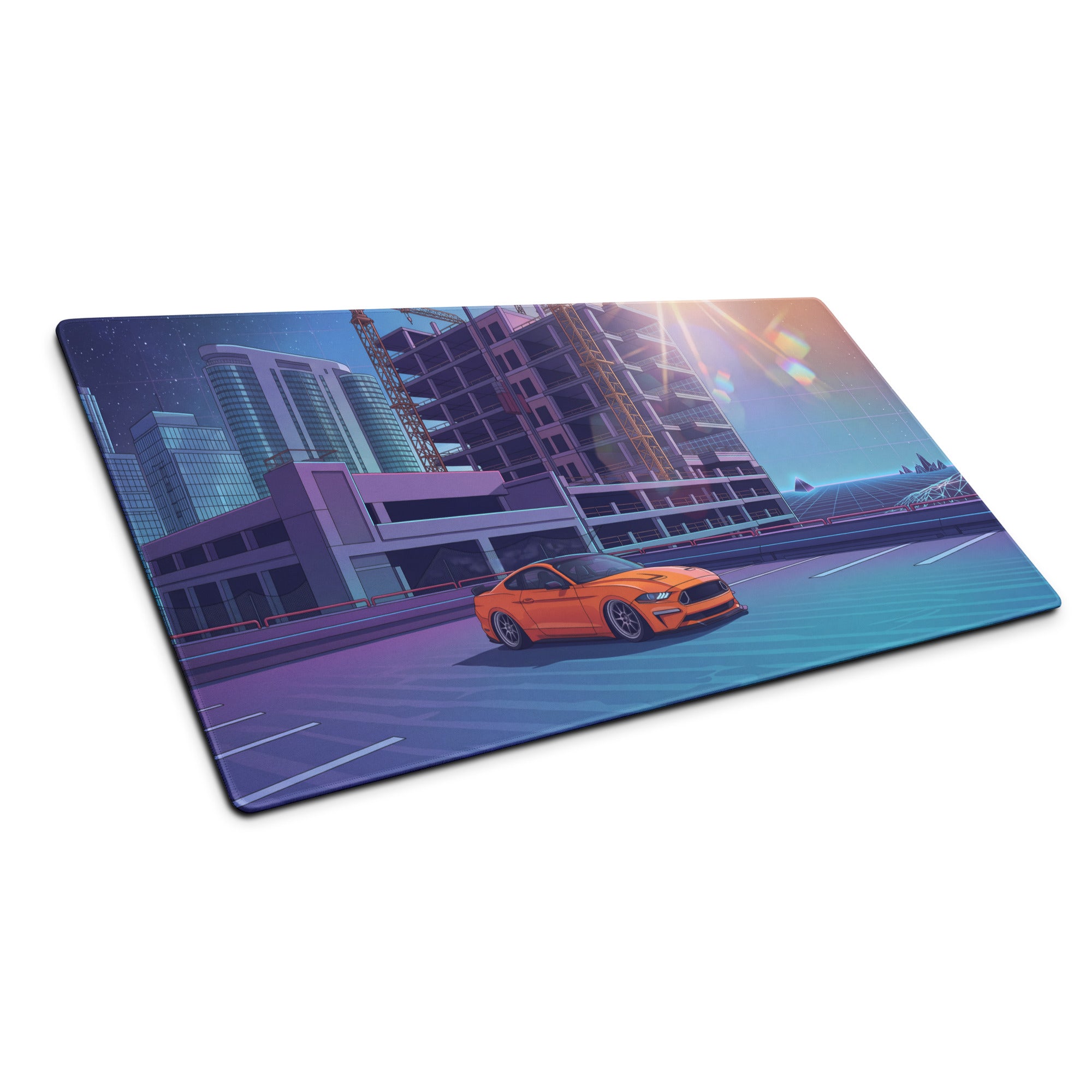 Ford Mustang GT Inspired Orange Vaporwave Gaming Mouse Pad – Blue Purple Rooftop City Desk Mat with Retro Futuristic Construction Skyline Art