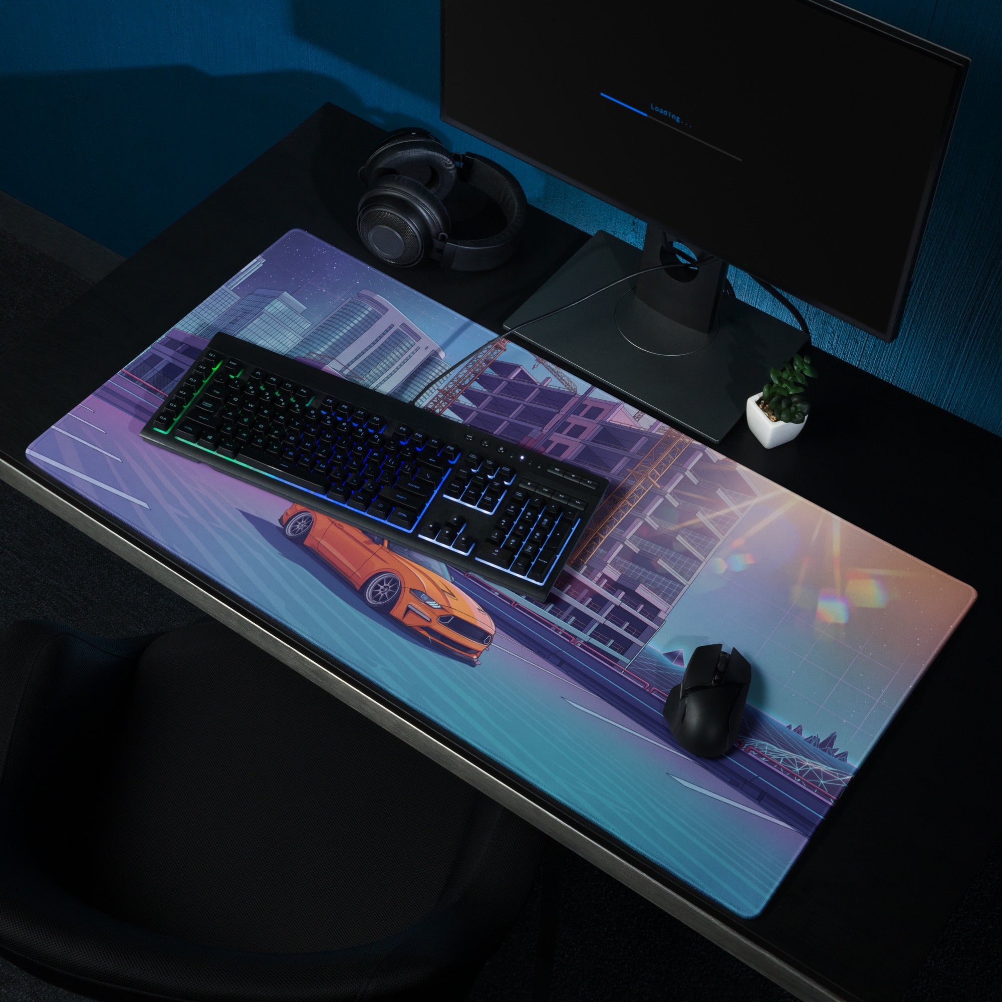 Ford Mustang GT Inspired Orange Vaporwave Gaming Mouse Pad – Blue Purple Rooftop City Desk Mat with Retro Futuristic Construction Skyline Art