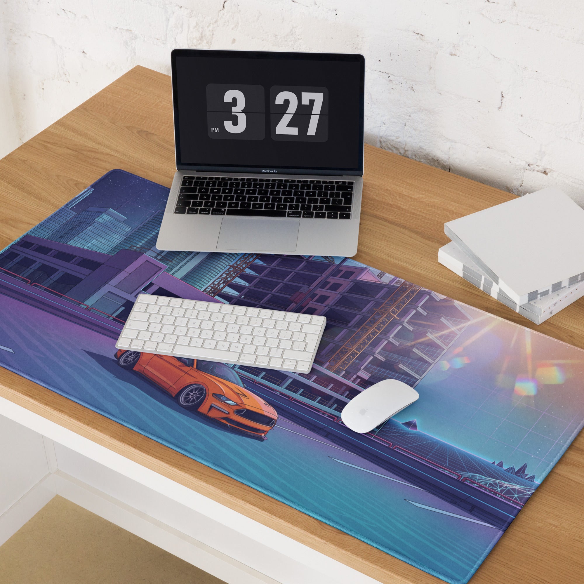 Ford Mustang GT Inspired Orange Vaporwave Gaming Mouse Pad – Blue Purple Rooftop City Desk Mat with Retro Futuristic Construction Skyline Art
