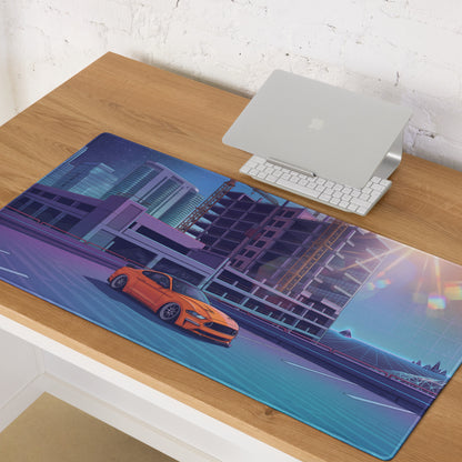 Ford Mustang GT Inspired Orange Vaporwave Gaming Mouse Pad – Blue Purple Rooftop City Desk Mat with Retro Futuristic Construction Skyline Art