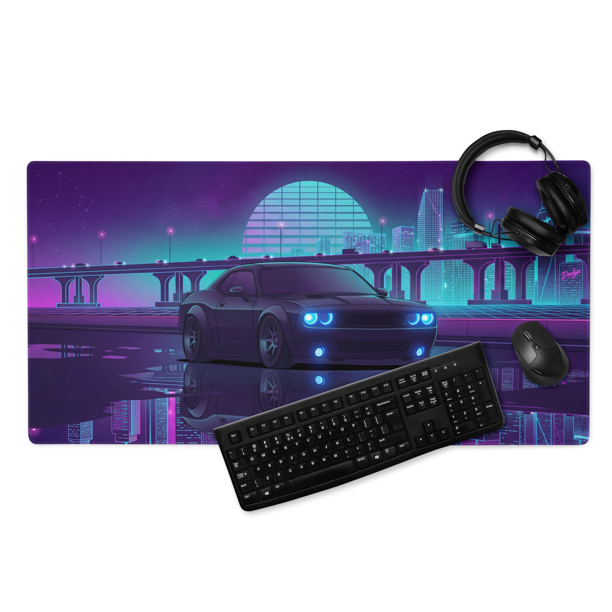 Dodge Challenger SRT Hellcat Inspired Black Vaporwave Gaming Mouse Pad – Neon Blue Purple City Skyline Desk Mat with Retro Futuristic Reflection Art