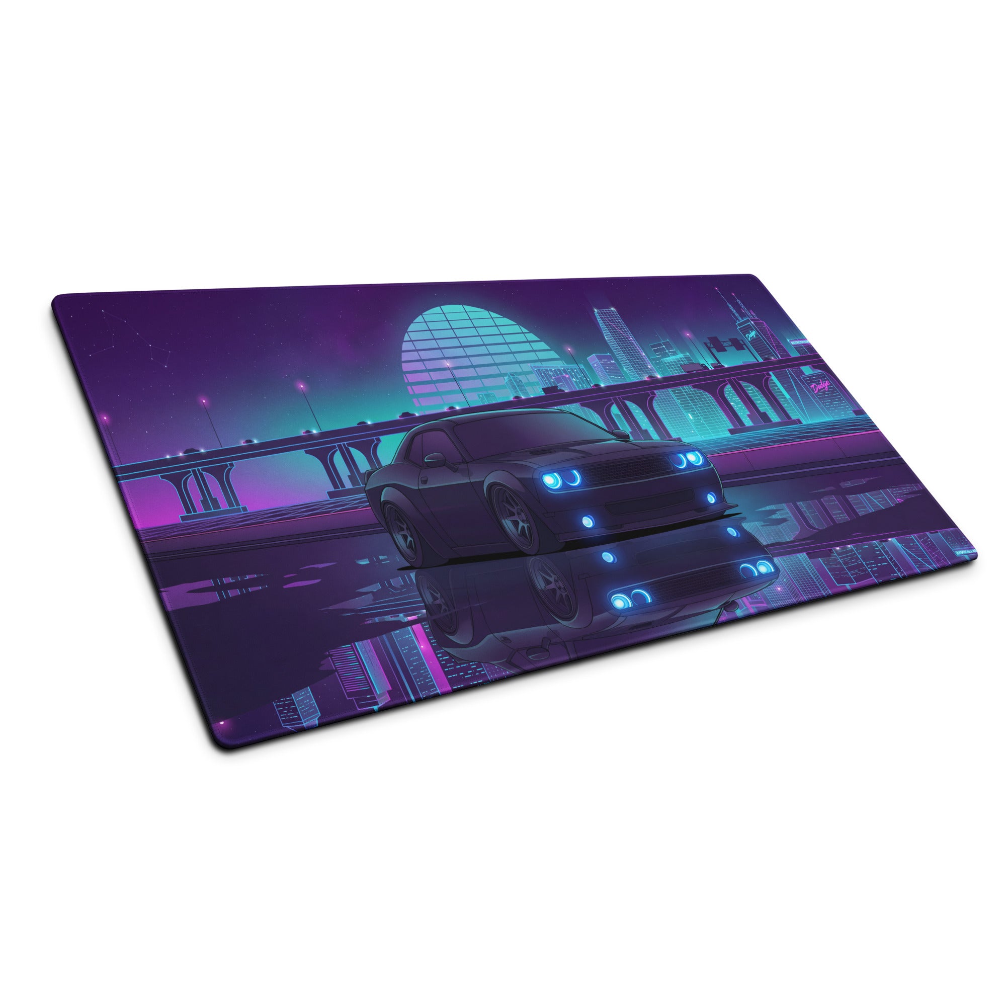 Dodge Challenger SRT Hellcat Inspired Black Vaporwave Gaming Mouse Pad – Neon Blue Purple City Skyline Desk Mat with Retro Futuristic Reflection Art