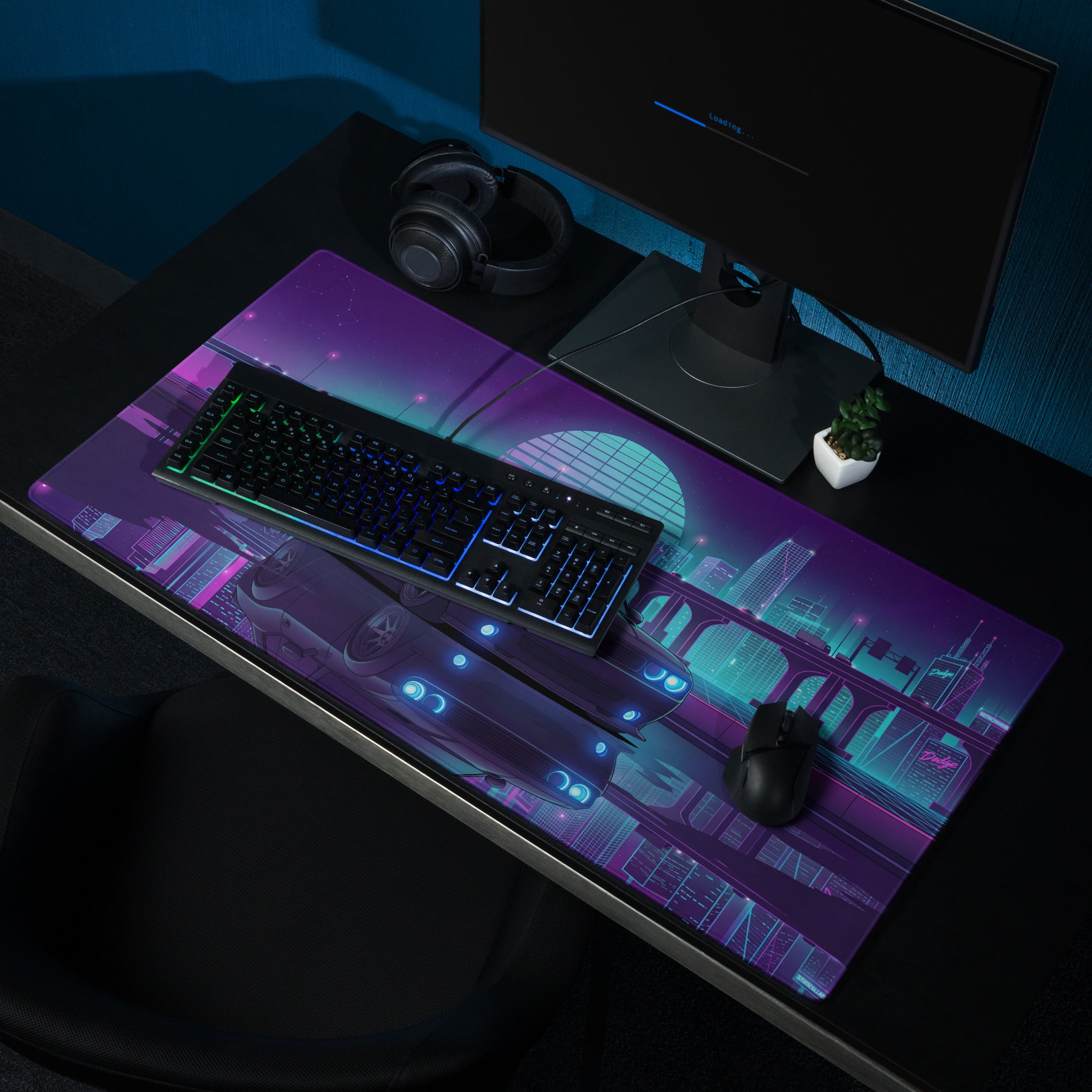 Dodge Challenger SRT Hellcat Inspired Black Vaporwave Gaming Mouse Pad – Neon Blue Purple City Skyline Desk Mat with Retro Futuristic Reflection Art