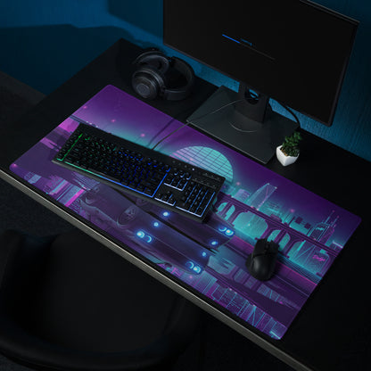 Dodge Challenger SRT Hellcat Inspired Black Vaporwave Gaming Mouse Pad – Neon Blue Purple City Skyline Desk Mat with Retro Futuristic Reflection Art