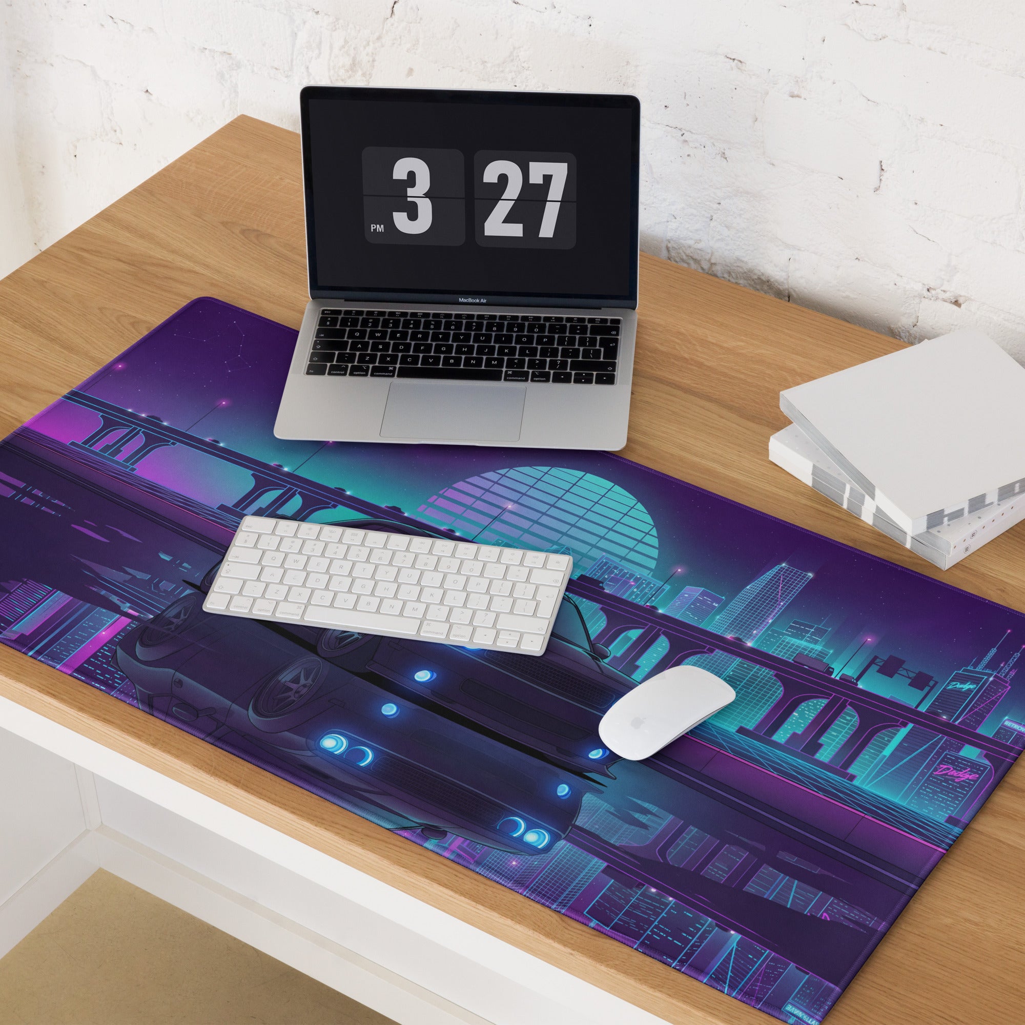 Dodge Challenger SRT Hellcat Inspired Black Vaporwave Gaming Mouse Pad – Neon Blue Purple City Skyline Desk Mat with Retro Futuristic Reflection Art