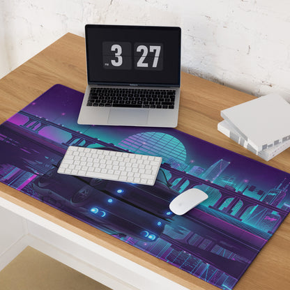 Dodge Challenger SRT Hellcat Inspired Black Vaporwave Gaming Mouse Pad – Neon Blue Purple City Skyline Desk Mat with Retro Futuristic Reflection Art