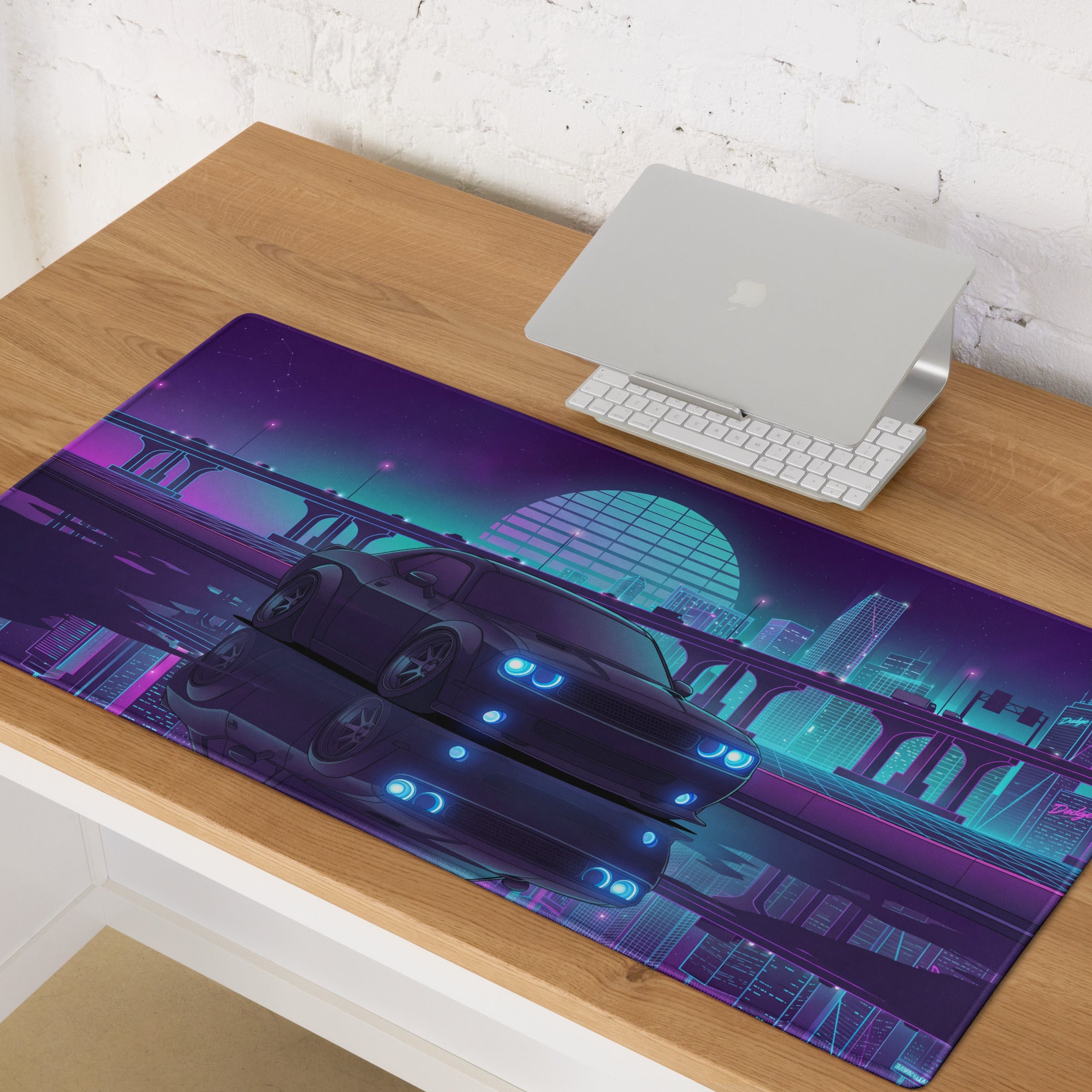 Dodge Challenger SRT Hellcat Inspired Black Vaporwave Gaming Mouse Pad – Neon Blue Purple City Skyline Desk Mat with Retro Futuristic Reflection Art