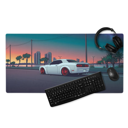 Dodge Challenger Widebody Inspired White Vaporwave Gaming Mouse Pad – Teal Pink Coastal Sunset Desk Mat with Red Wheels and Retro Palm Tree Art