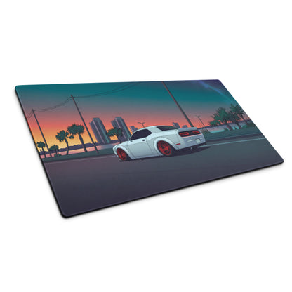 Dodge Challenger Widebody Inspired White Vaporwave Gaming Mouse Pad – Teal Pink Coastal Sunset Desk Mat with Red Wheels and Retro Palm Tree Art