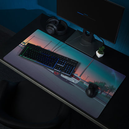 Dodge Challenger Widebody Inspired White Vaporwave Gaming Mouse Pad – Teal Pink Coastal Sunset Desk Mat with Red Wheels and Retro Palm Tree Art