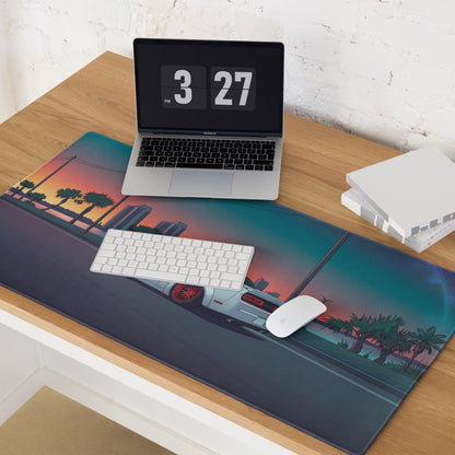 Dodge Challenger Widebody Inspired White Vaporwave Gaming Mouse Pad – Teal Pink Coastal Sunset Desk Mat with Red Wheels and Retro Palm Tree Art