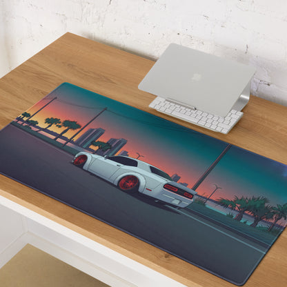 Dodge Challenger Widebody Inspired White Vaporwave Gaming Mouse Pad – Teal Pink Coastal Sunset Desk Mat with Red Wheels and Retro Palm Tree Art