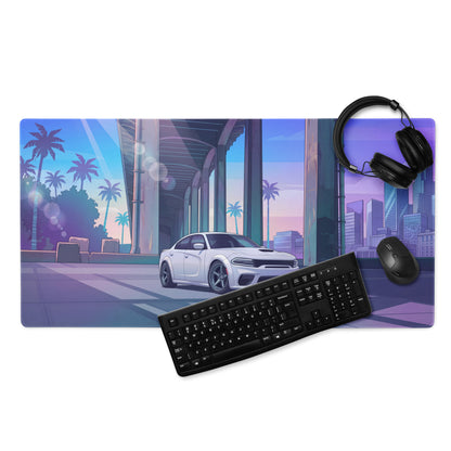 Dodge Charger SRT Hellcat Widebody Inspired White Vaporwave Gaming Mouse Pad – Blue Purple City Overpass Desk Mat with Retro Palm Tree Art