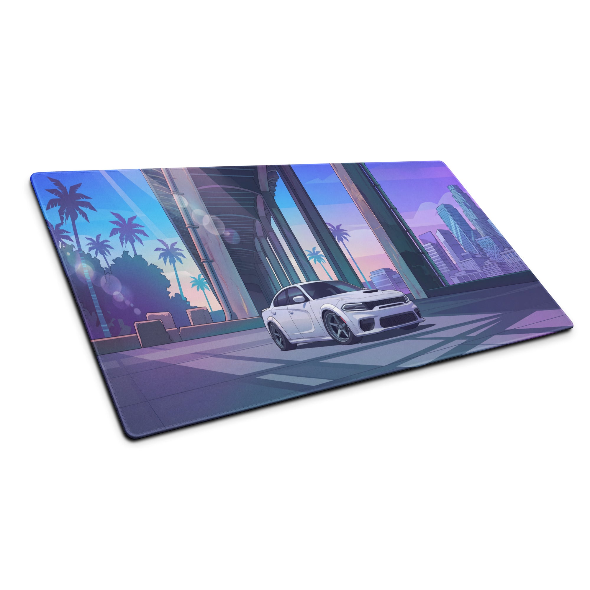 Dodge Charger SRT Hellcat Widebody Inspired White Vaporwave Gaming Mouse Pad – Blue Purple City Overpass Desk Mat with Retro Palm Tree Art