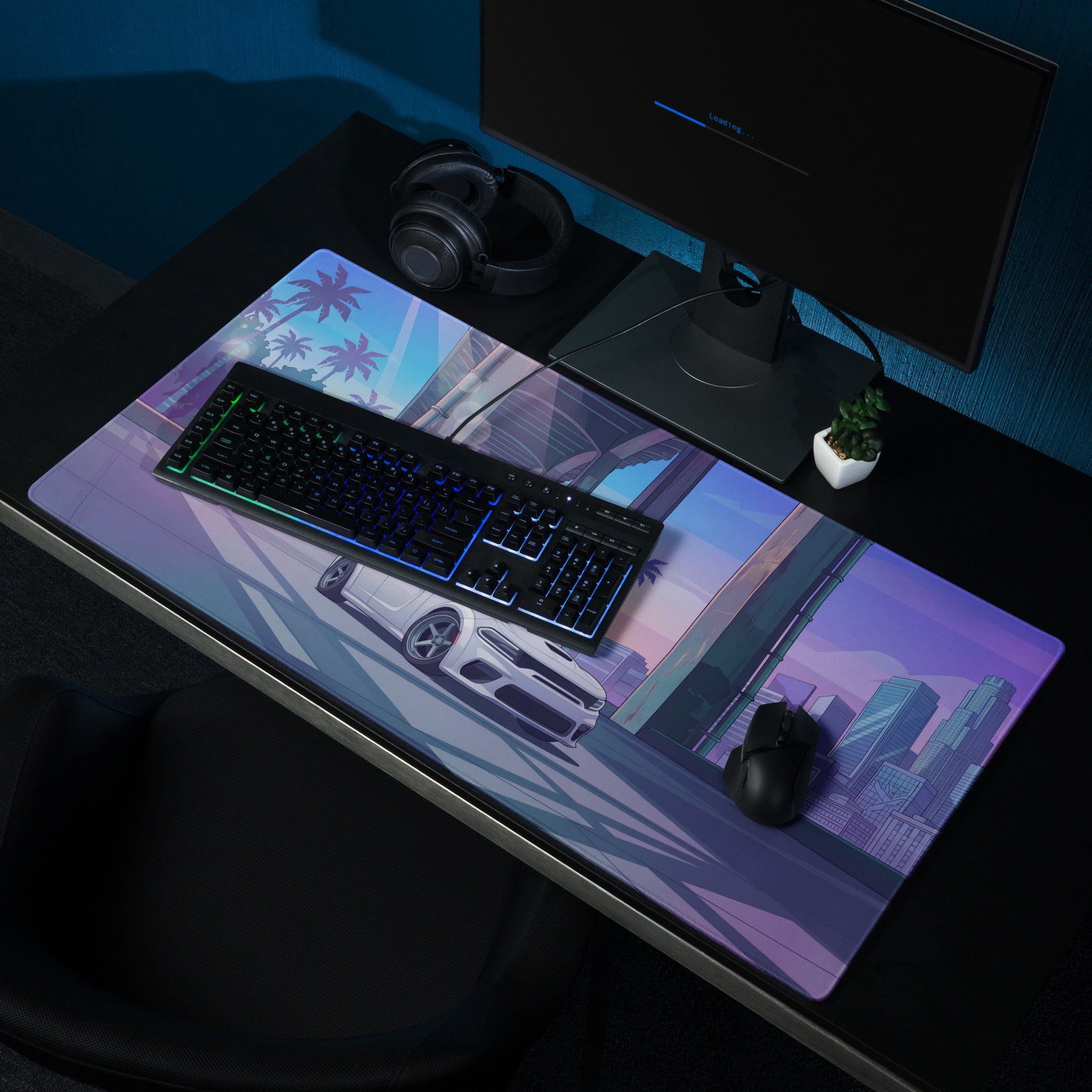 Dodge Charger SRT Hellcat Widebody Inspired White Vaporwave Gaming Mouse Pad – Blue Purple City Overpass Desk Mat with Retro Palm Tree Art
