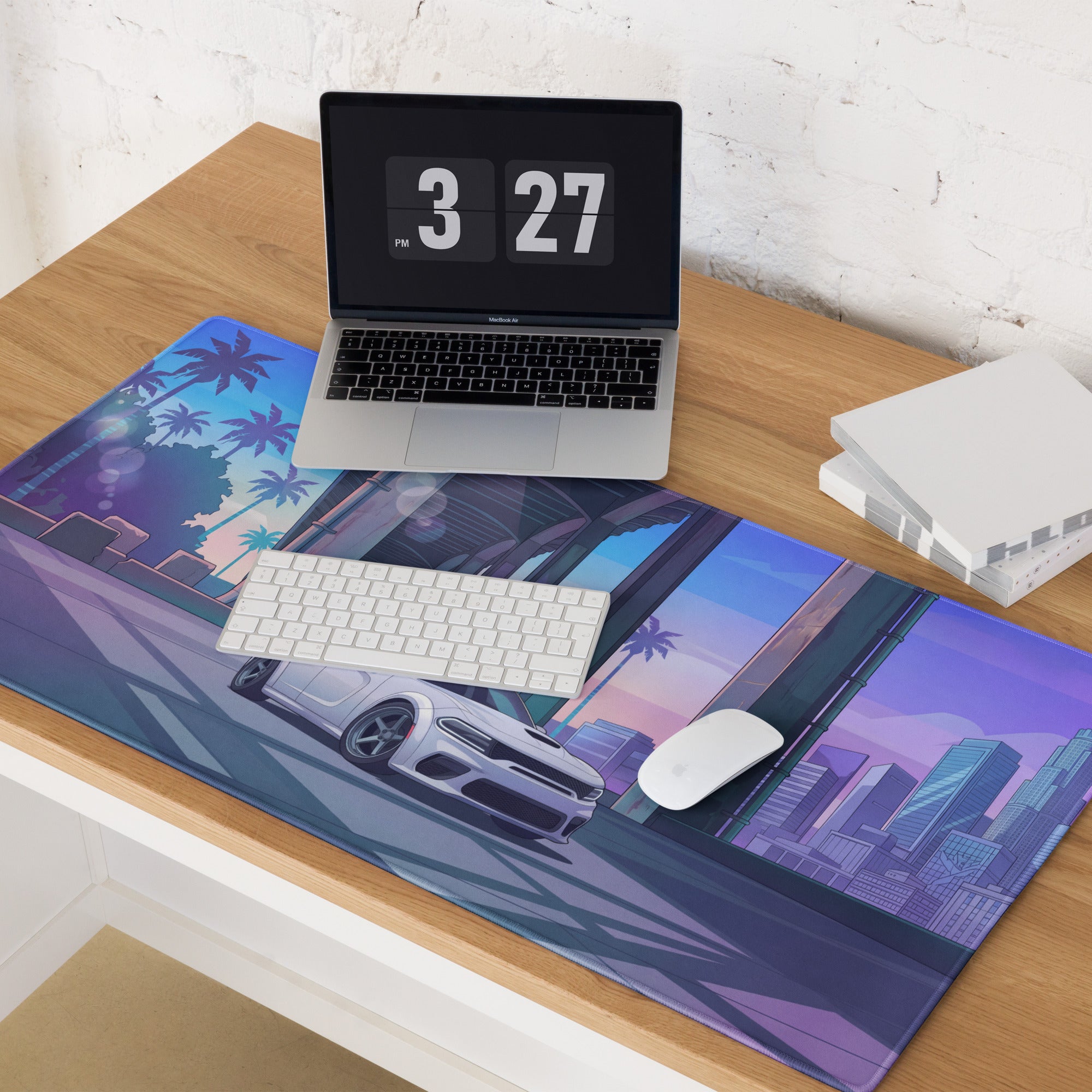 Dodge Charger SRT Hellcat Widebody Inspired White Vaporwave Gaming Mouse Pad – Blue Purple City Overpass Desk Mat with Retro Palm Tree Art