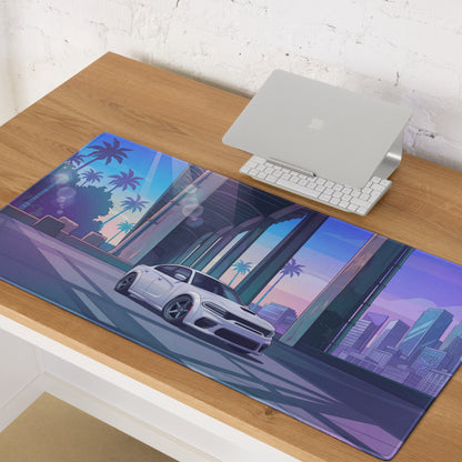 Dodge Charger SRT Hellcat Widebody Inspired White Vaporwave Gaming Mouse Pad – Blue Purple City Overpass Desk Mat with Retro Palm Tree Art