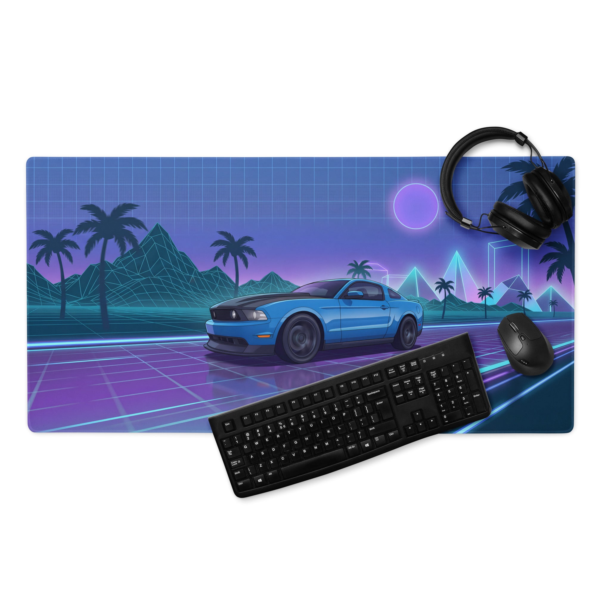 Ford Mustang Boss 302 Inspired Blue Vaporwave Gaming Mouse Pad – Neon Purple Highway Desk Mat with Palm Trees, Retro Grid Mountains and Synthwave Art