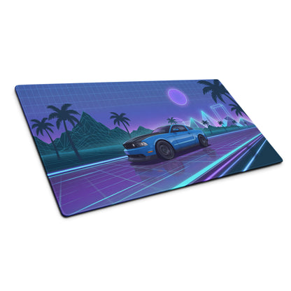 Ford Mustang Boss 302 Inspired Blue Vaporwave Gaming Mouse Pad – Neon Purple Highway Desk Mat with Palm Trees, Retro Grid Mountains and Synthwave Art