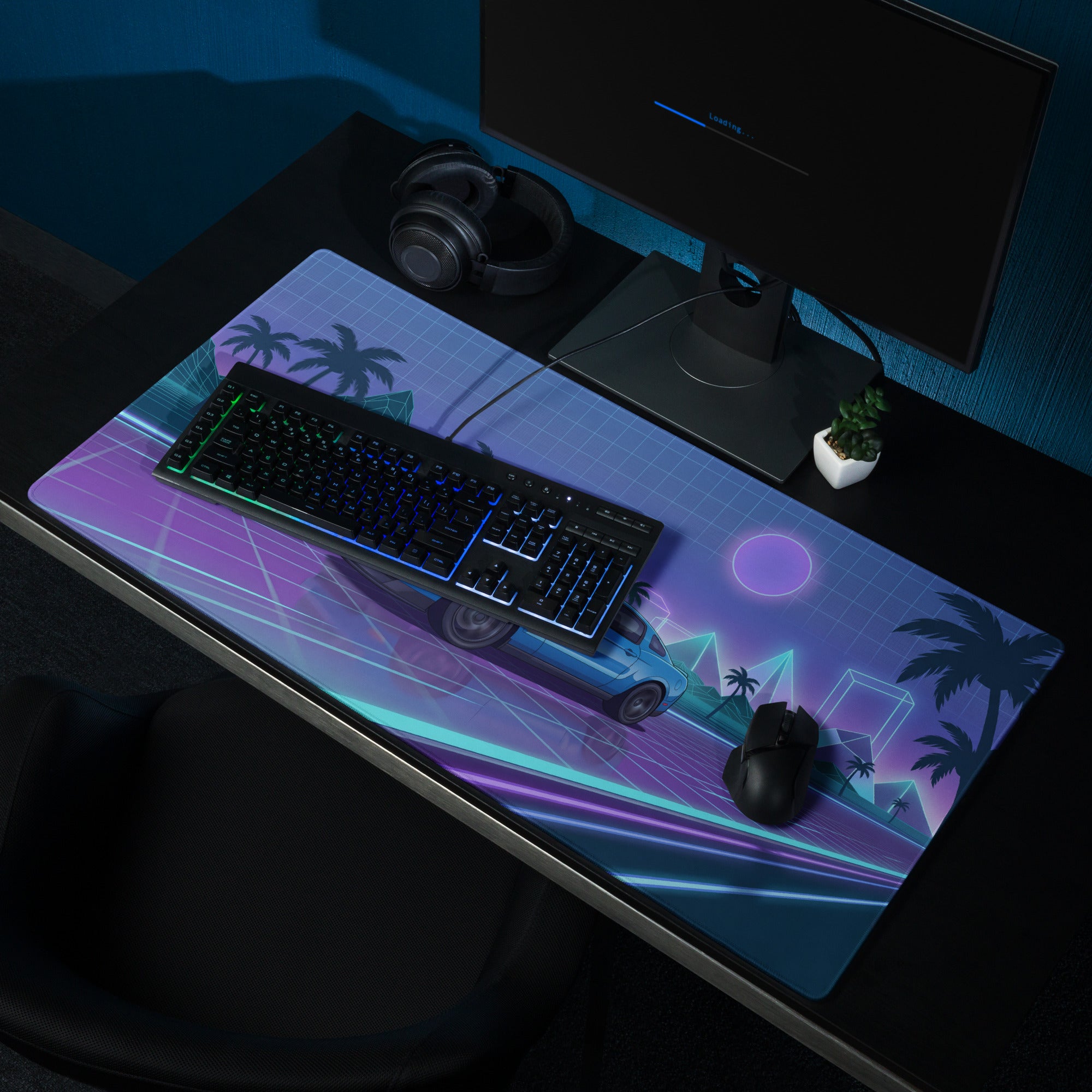 Ford Mustang Boss 302 Inspired Blue Vaporwave Gaming Mouse Pad – Neon Purple Highway Desk Mat with Palm Trees, Retro Grid Mountains and Synthwave Art