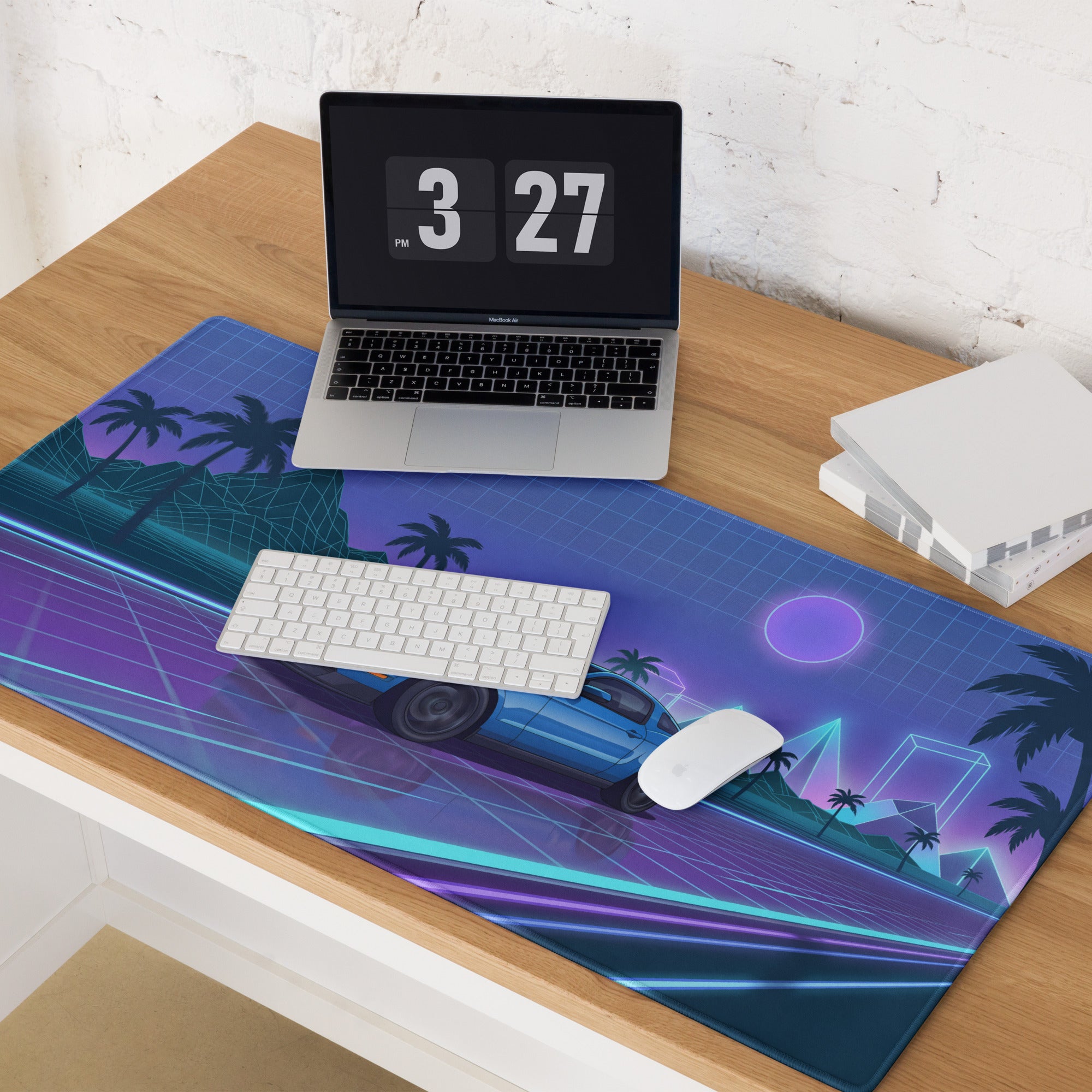 Ford Mustang Boss 302 Inspired Blue Vaporwave Gaming Mouse Pad – Neon Purple Highway Desk Mat with Palm Trees, Retro Grid Mountains and Synthwave Art