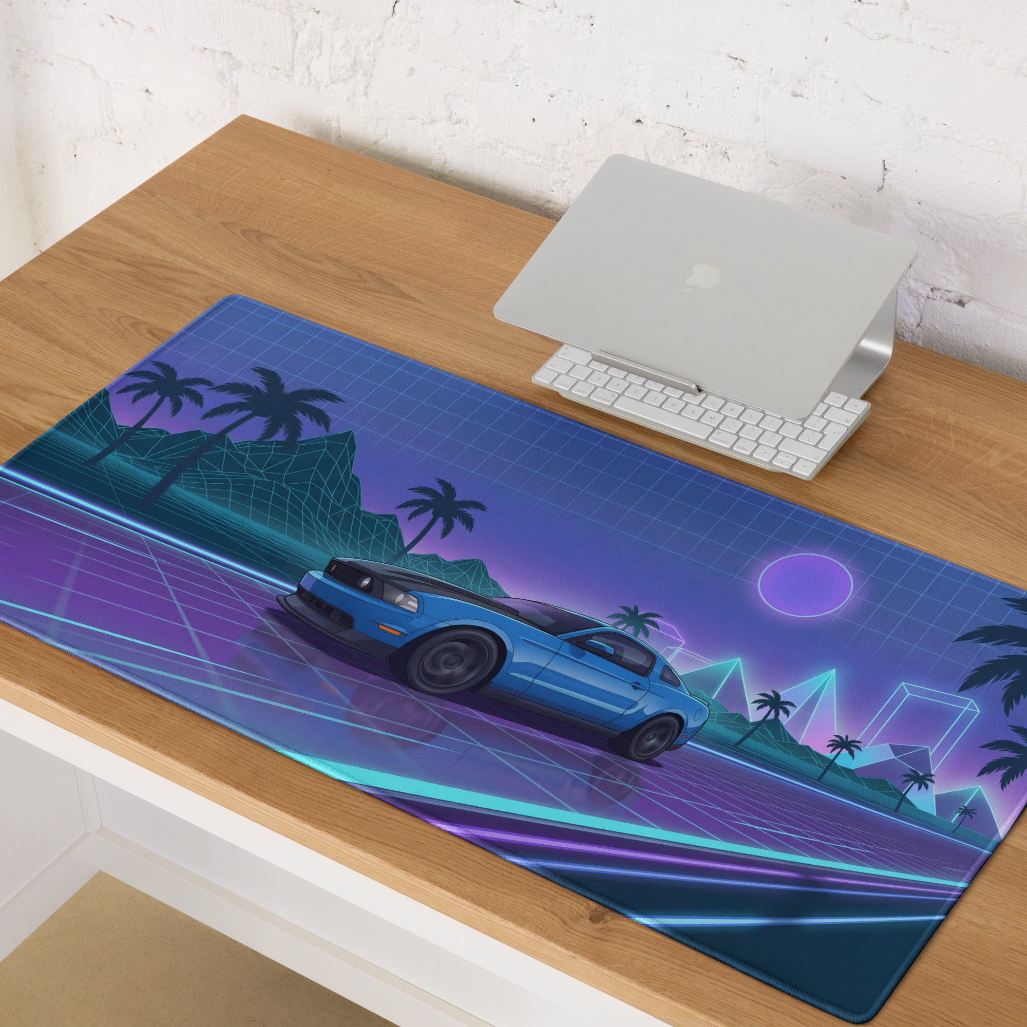 Ford Mustang Boss 302 Inspired Blue Vaporwave Gaming Mouse Pad – Neon Purple Highway Desk Mat with Palm Trees, Retro Grid Mountains and Synthwave Art