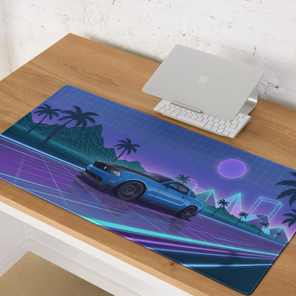 Ford Mustang Boss 302 Inspired Blue Vaporwave Gaming Mouse Pad – Neon Purple Highway Desk Mat with Palm Trees, Retro Grid Mountains and Synthwave Art