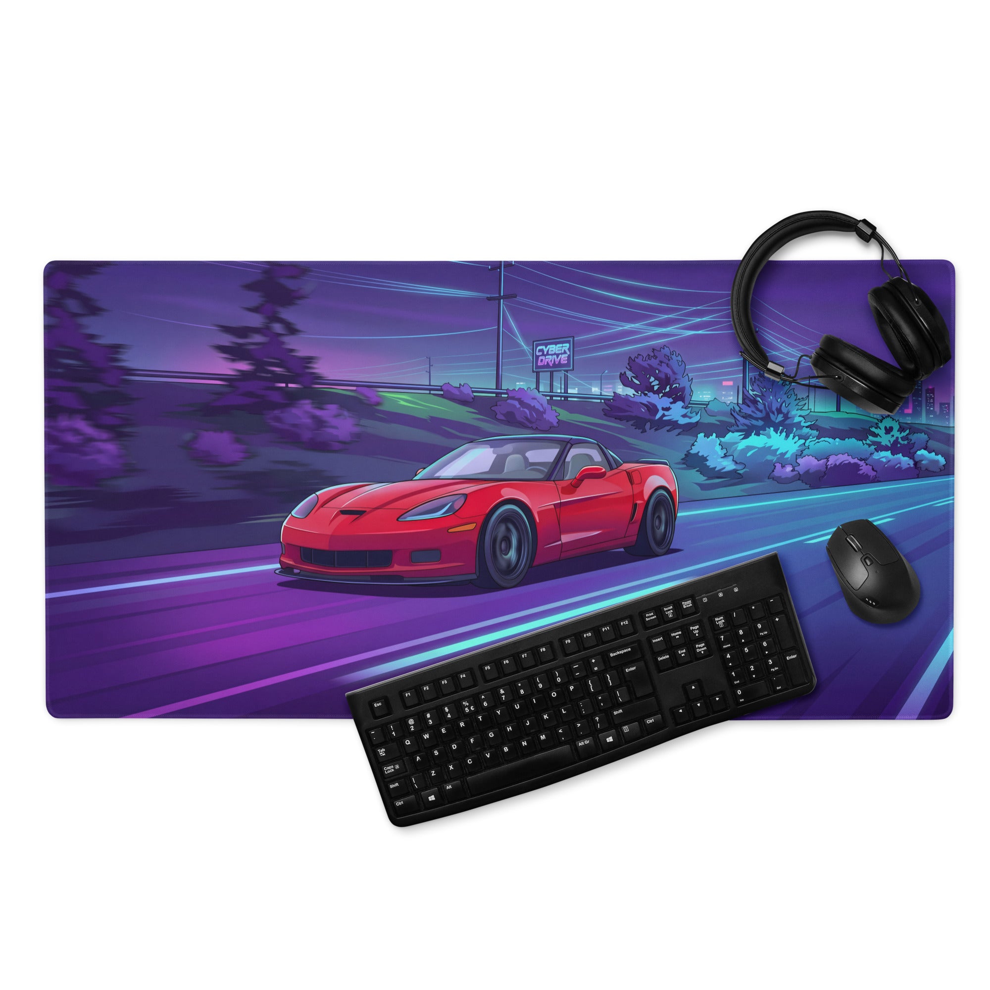 Chevrolet Corvette C6 Z06 Inspired Red Vaporwave Gaming Mouse Pad – Neon Purple Cyber Highway Desk Mat with Retro Futuristic City Racing Art