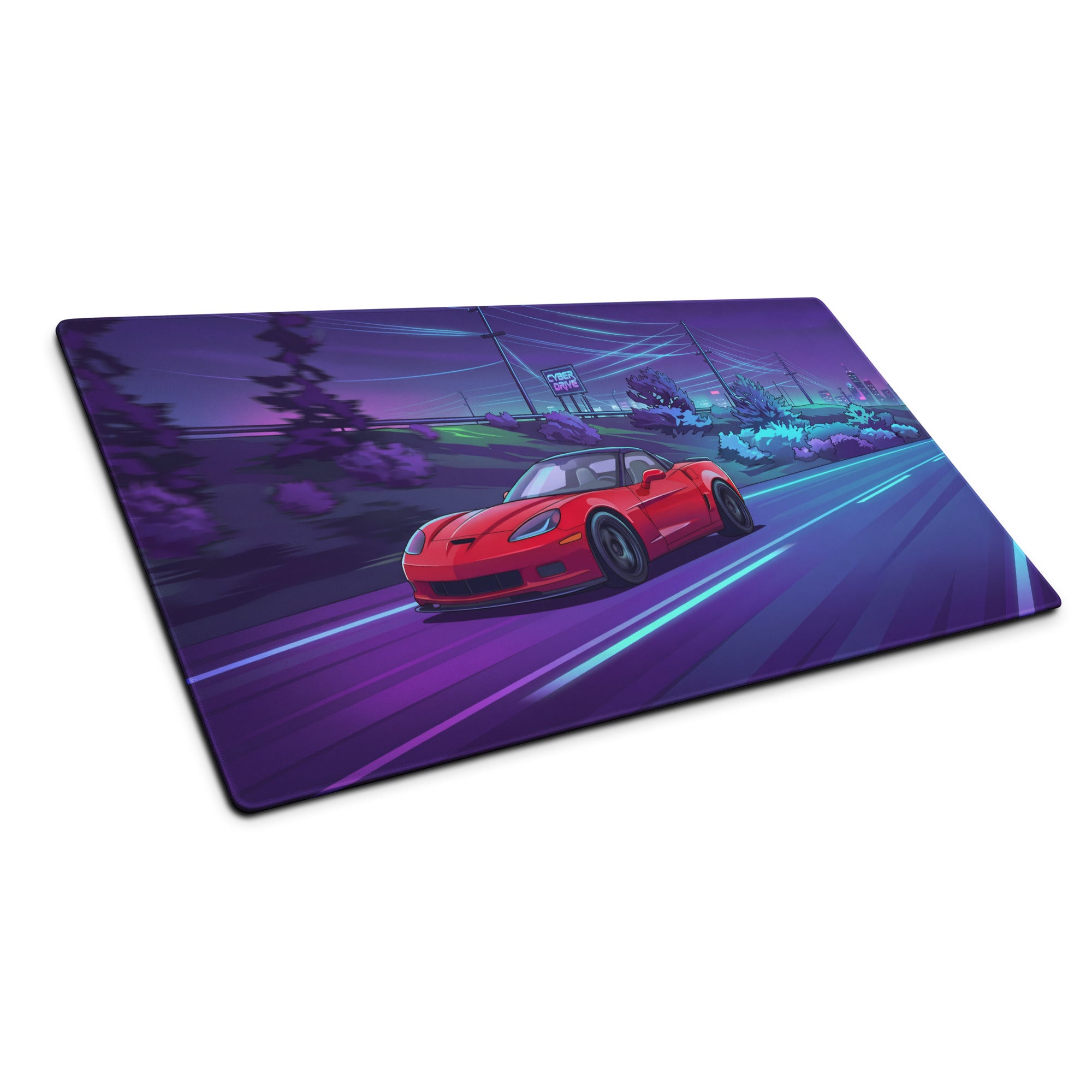 Chevrolet Corvette C6 Z06 Inspired Red Vaporwave Gaming Mouse Pad – Neon Purple Cyber Highway Desk Mat with Retro Futuristic City Racing Art