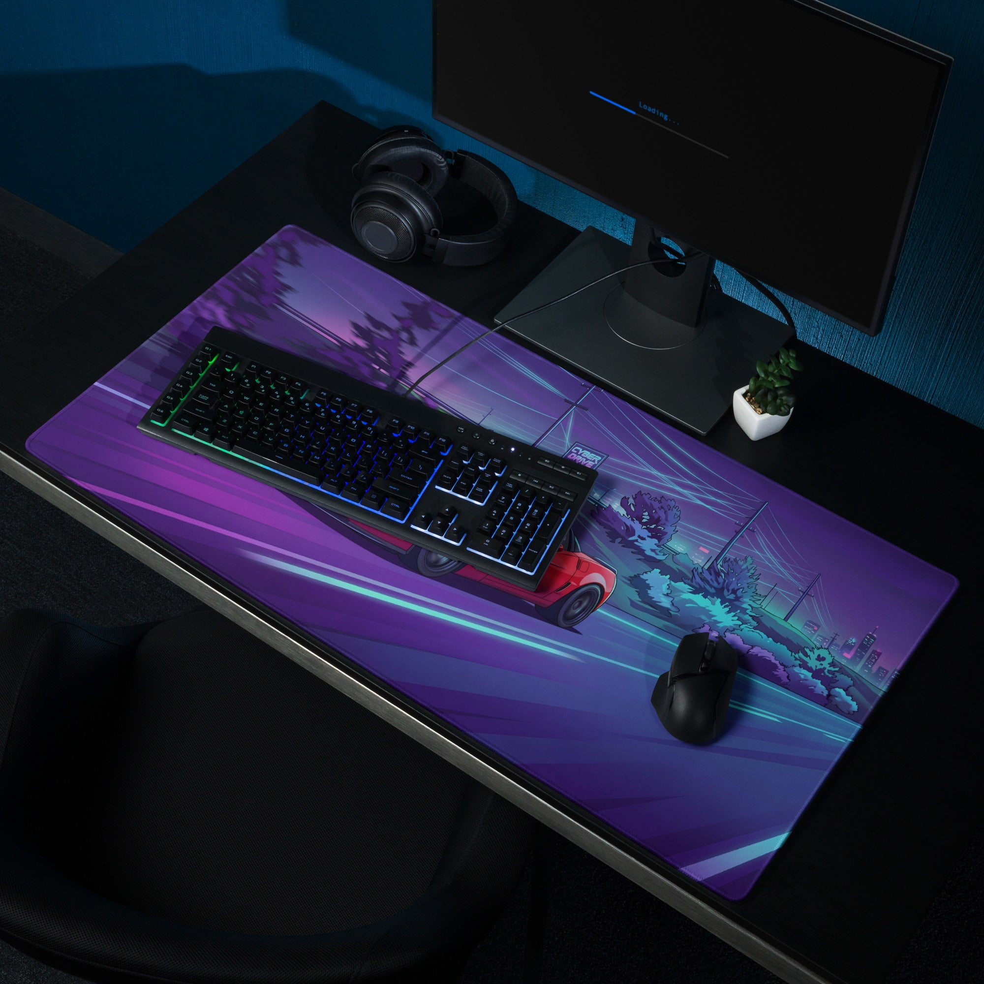 Chevrolet Corvette C6 Z06 Inspired Red Vaporwave Gaming Mouse Pad – Neon Purple Cyber Highway Desk Mat with Retro Futuristic City Racing Art