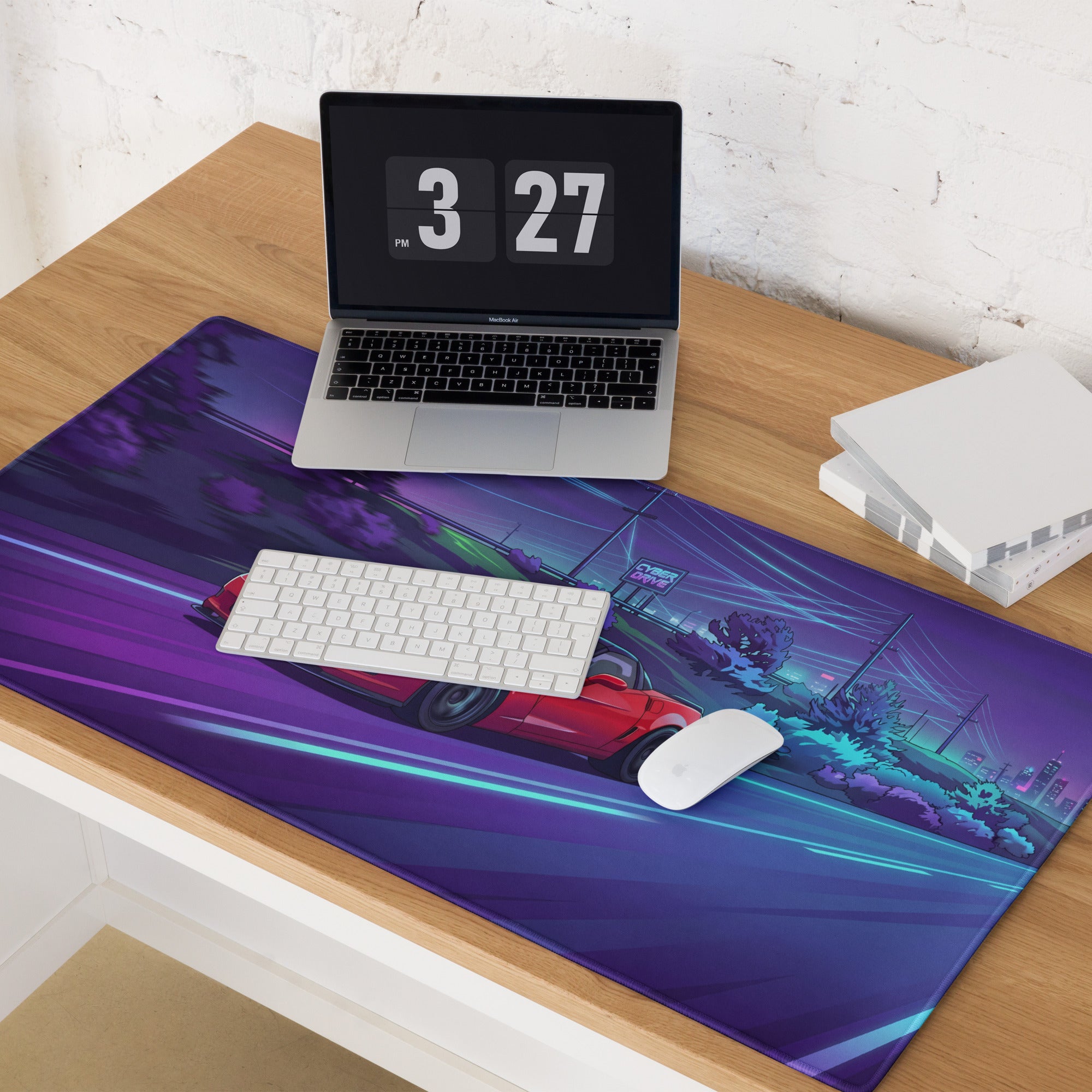 Chevrolet Corvette C6 Z06 Inspired Red Vaporwave Gaming Mouse Pad – Neon Purple Cyber Highway Desk Mat with Retro Futuristic City Racing Art