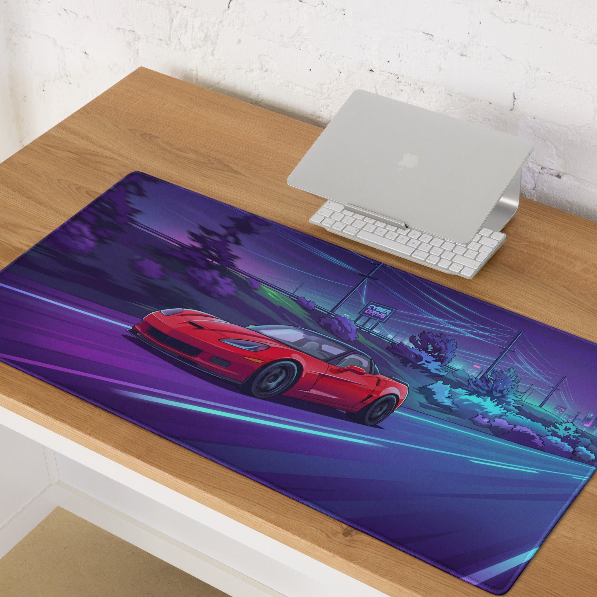Chevrolet Corvette C6 Z06 Inspired Red Vaporwave Gaming Mouse Pad – Neon Purple Cyber Highway Desk Mat with Retro Futuristic City Racing Art