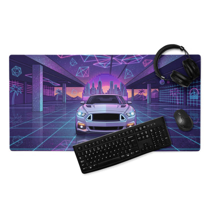 Ford Mustang GT Inspired White Vaporwave Gaming Mouse Pad – Neon Blue Pink Futuristic Garage Desk Mat with Retro City Skyline and Geometric Art