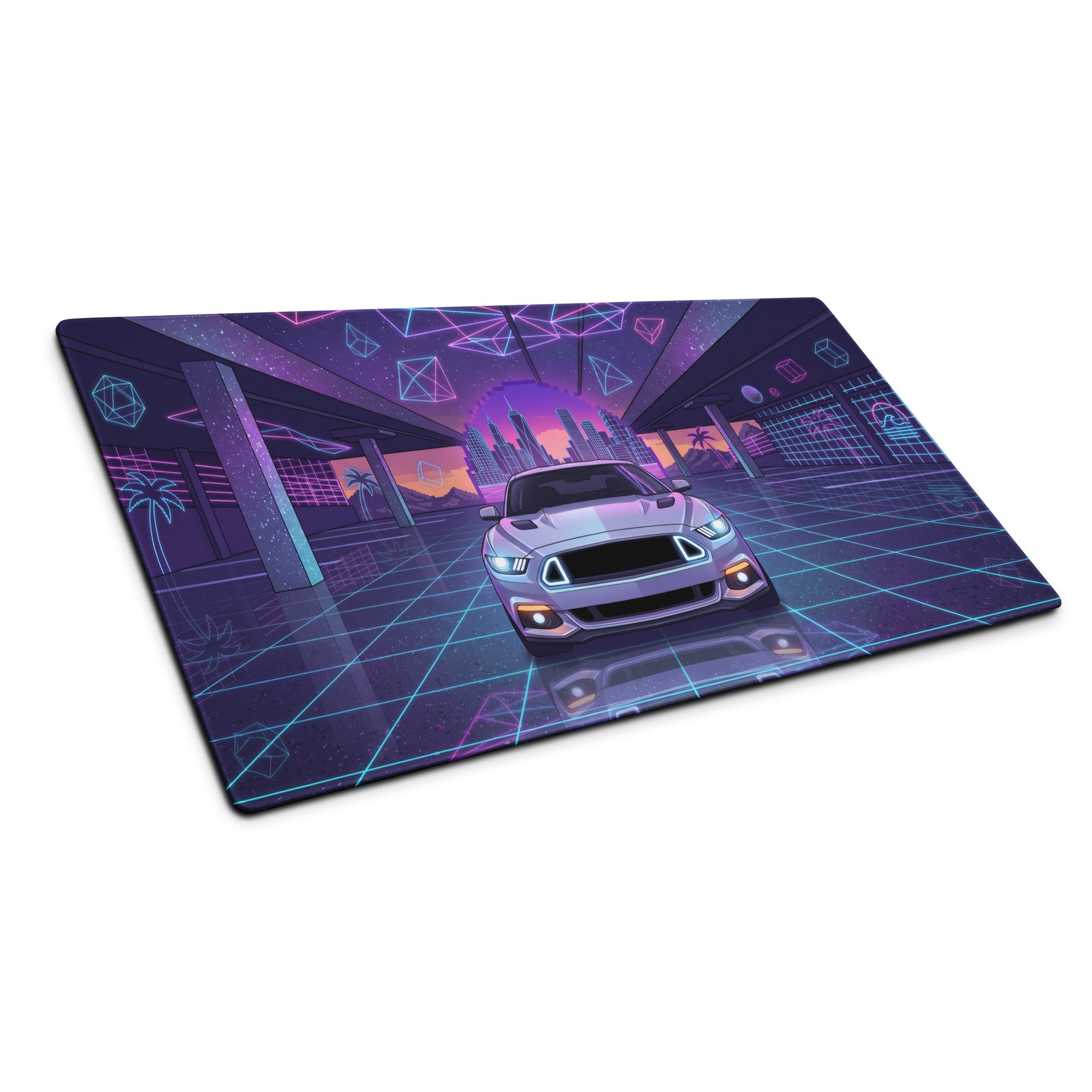 Ford Mustang GT Inspired White Vaporwave Gaming Mouse Pad – Neon Blue Pink Futuristic Garage Desk Mat with Retro City Skyline and Geometric Art