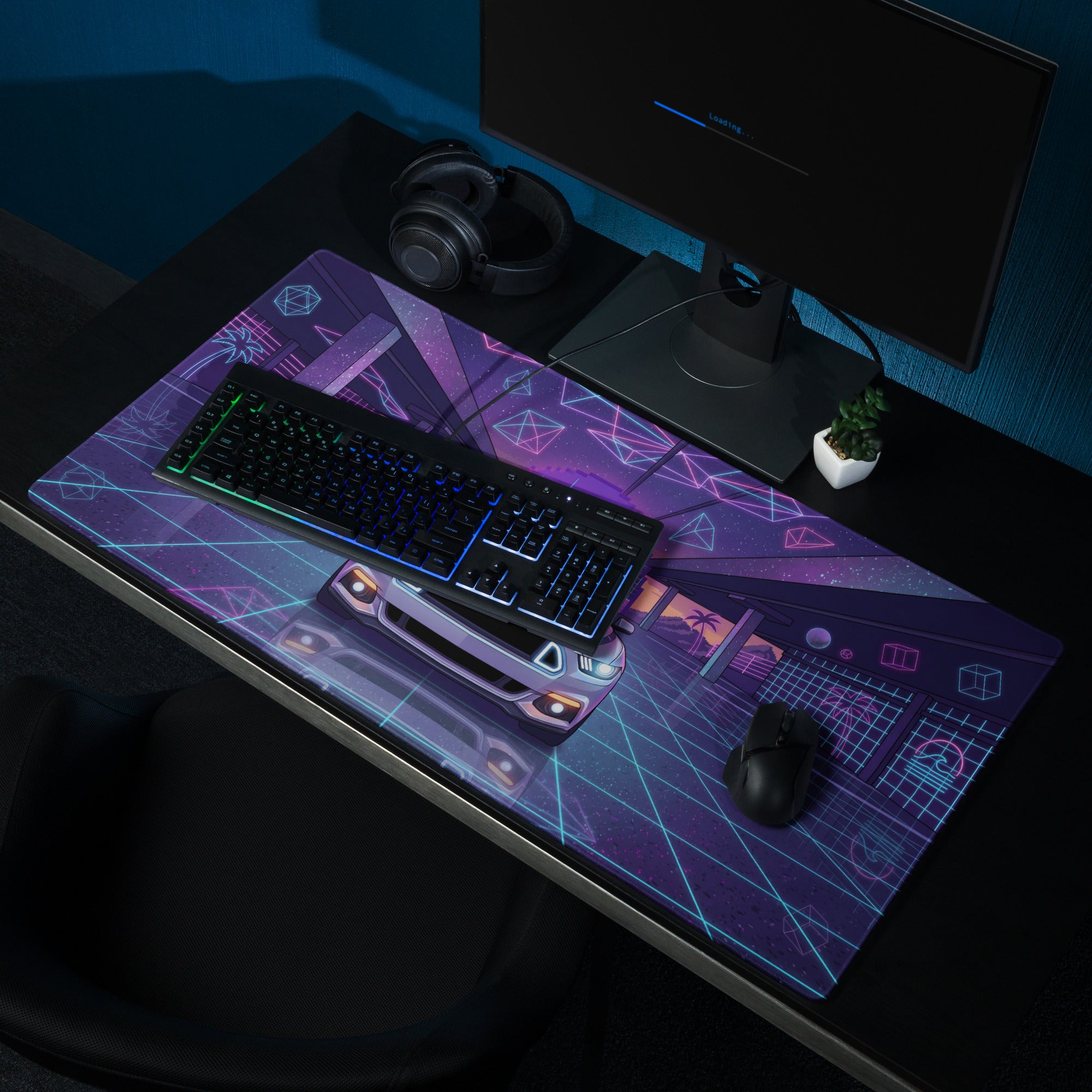 Ford Mustang GT Inspired White Vaporwave Gaming Mouse Pad – Neon Blue Pink Futuristic Garage Desk Mat with Retro City Skyline and Geometric Art