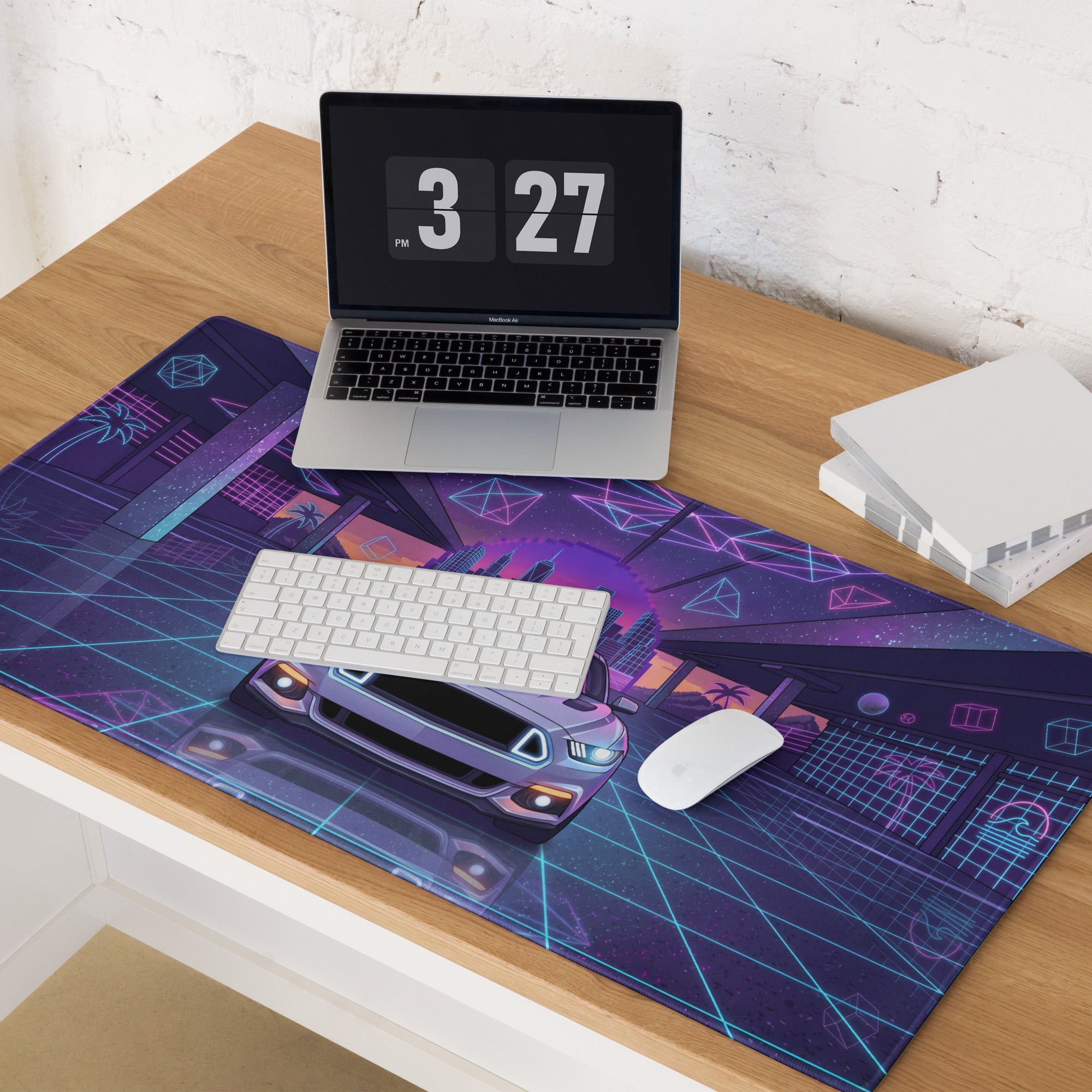 Ford Mustang GT Inspired White Vaporwave Gaming Mouse Pad – Neon Blue Pink Futuristic Garage Desk Mat with Retro City Skyline and Geometric Art